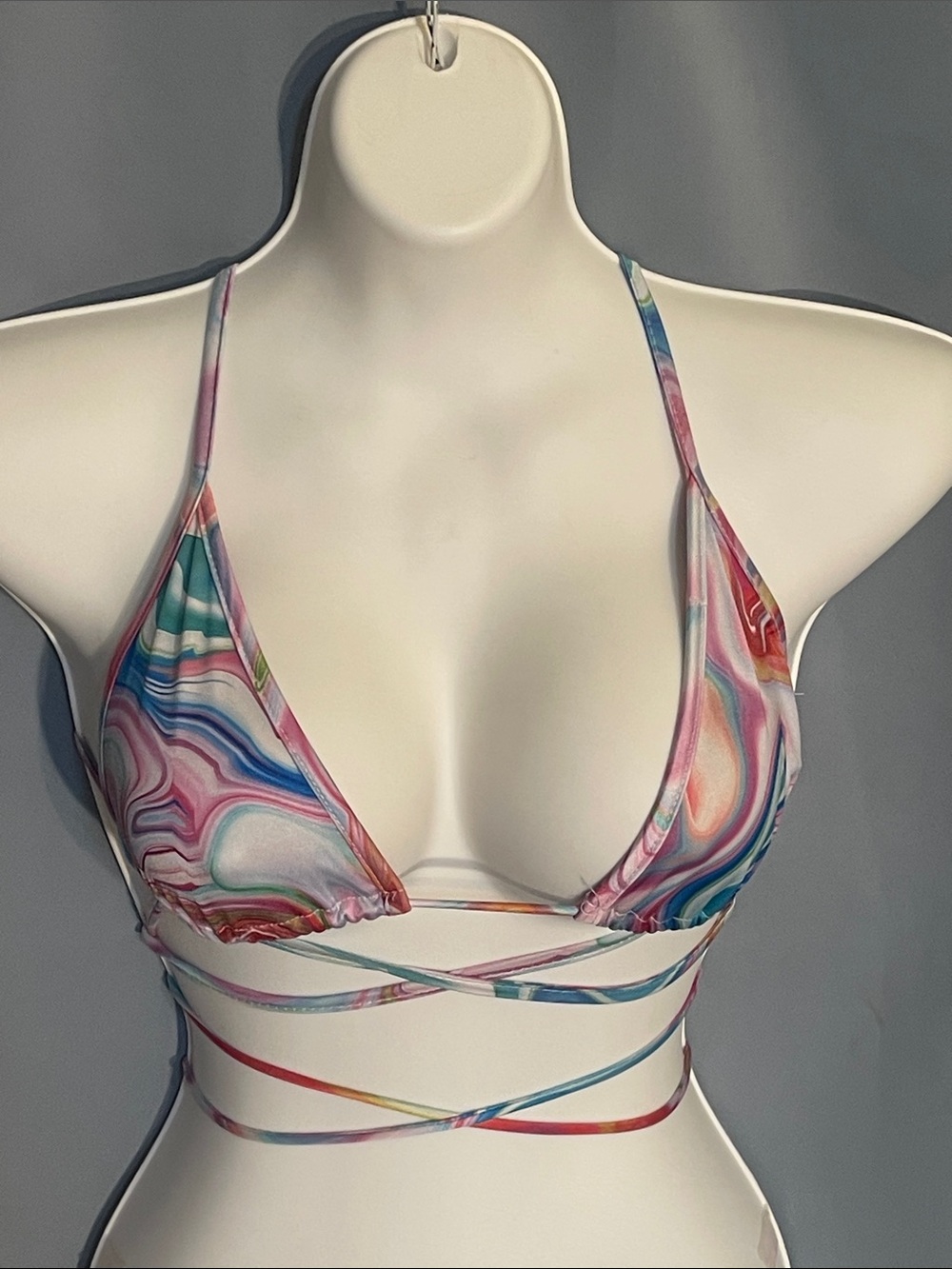 Black Bead Multicolor Marble-Print Wrap Triangle Bikini Top